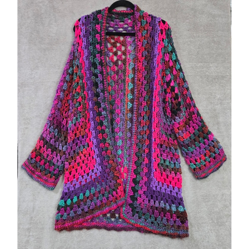 Hand Knit Crochet Granny Square Cardigan Boho Festival Hippie Retro Artsy 70s